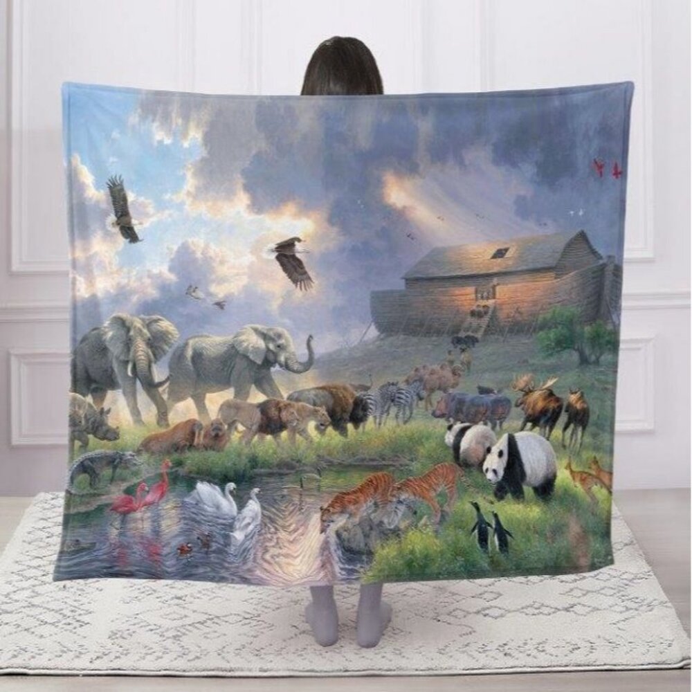 New Noah's Ark Plush Throw Blanket Gift Animals Noah Noahs Boat Genesis Flood - Picture 4 of 5